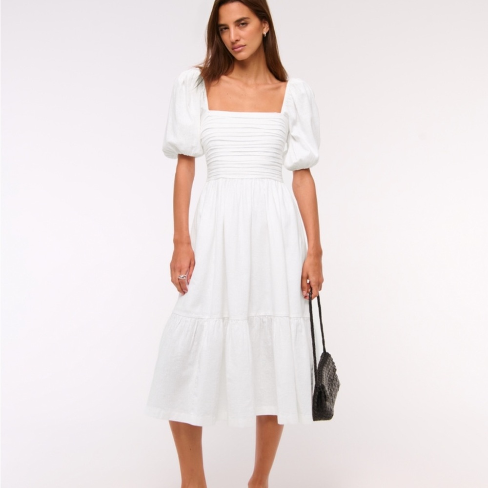 Abercrombie & Fitch White Emerson Linen-Blend Midi Dress with Puff Sleeves